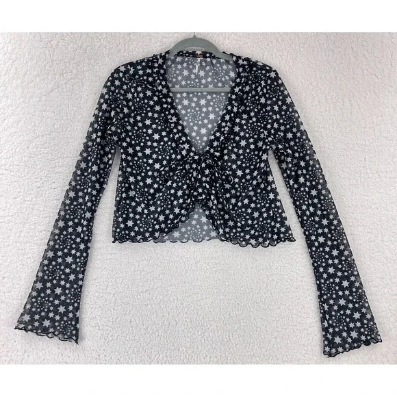Free People Marni Sheer Top Womens Medium Black White Star Print Long Sleeve Tie - Picture 1 of 12